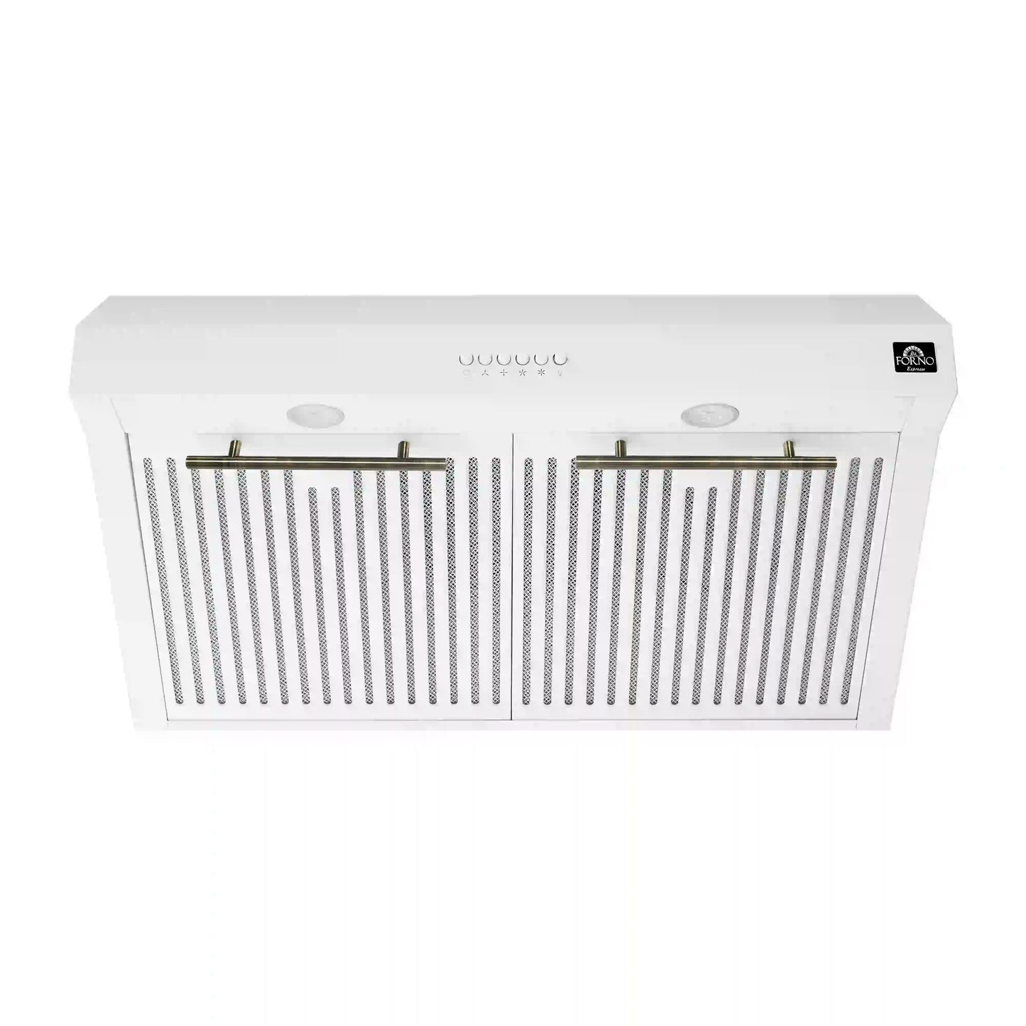 Forno 5-Piece Appliance Package - 30-Inch Inducton Range, Under Cabinet Range Hood, Refrigerator, Dishwasher, and  24-Inch Microwave Oven in White with Antique Brass Trim - APR5-905-30WHT-MWO24
