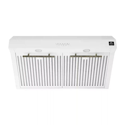 Forno 5-Piece Appliance Package - 30-Inch Induction Range, Under Cabinet Range Hood, Refrigerator with Water Dispenser, Dishwasher, and 30-Inch Microwave Drawer in White with Antique Brass Trim - APW5-905-30WHT-MWD30
