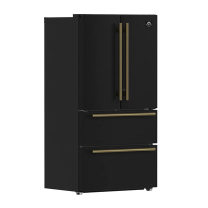 Forno Espresso Moena 36-inch 19.2 Cu.ft French Door Refrigerator in Black with Antique Brass Handle -FFRBI1820-36BLK