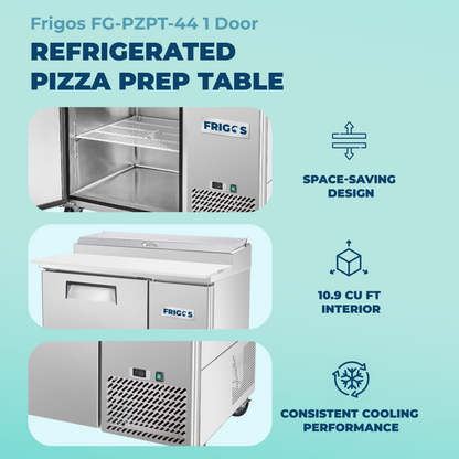 Frigos Pizza Prep Table Refrigerator 44" Width 1 Door with Aluminum Interior with 304 Stainle - FG-PZPT-44ss Steel Floor