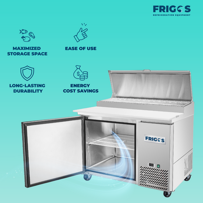 Frigos Pizza Prep Table Refrigerator 44" Width 1 Door with Aluminum Interior with 304 Stainle - FG-PZPT-44ss Steel Floor