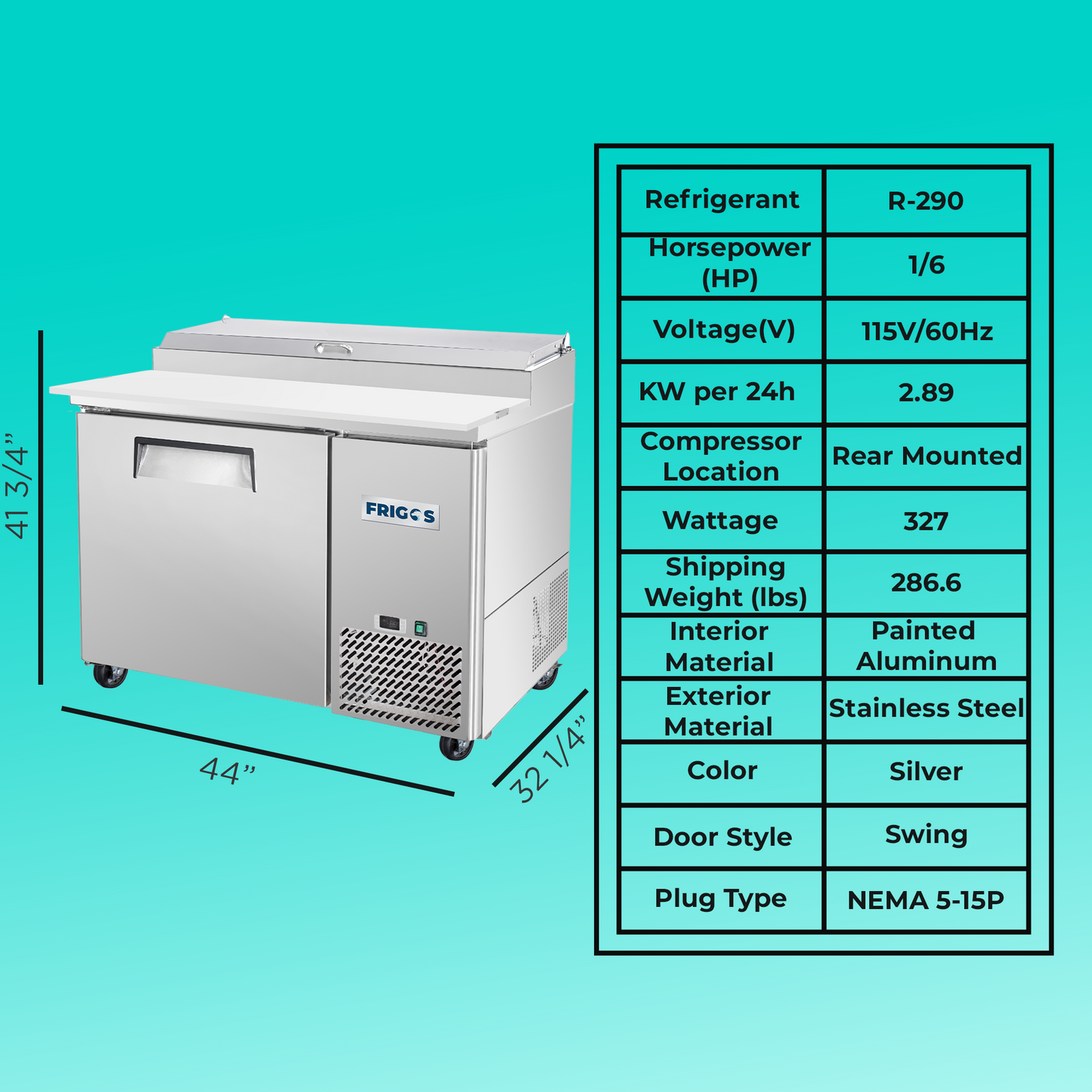 Frigos Pizza Prep Table Refrigerator 44" Width 1 Door with Aluminum Interior with 304 Stainle - FG-PZPT-44ss Steel Floor