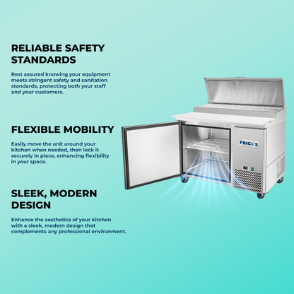Frigos Pizza Prep Table Refrigerator 44" Width 1 Door with Aluminum Interior with 304 Stainle - FG-PZPT-44ss Steel Floor