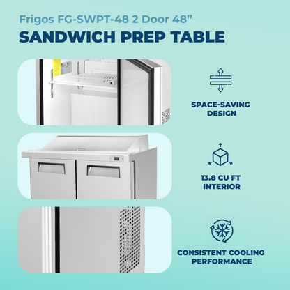 Frigos  Sandwich and Salad Prep Table Refrigerator 48" Width 2 Door with Aluminum Interior with 304 Stainless Steel Floor - FG-SWPT-48