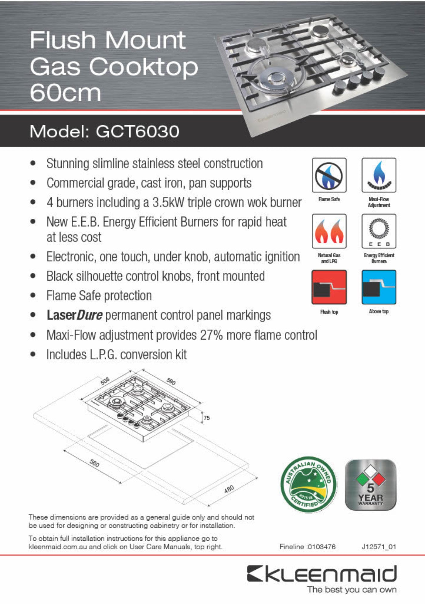 Kleenmaid 60cm Stainless Steel Gas Cooktop - GCT6030
