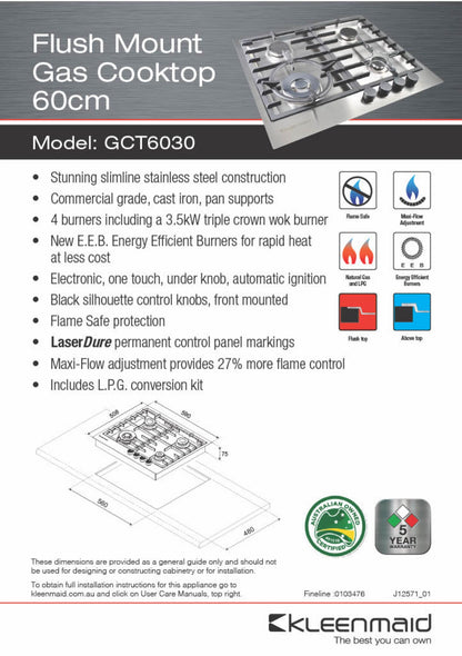 Kleenmaid 60cm Stainless Steel Gas Cooktop - GCT6030