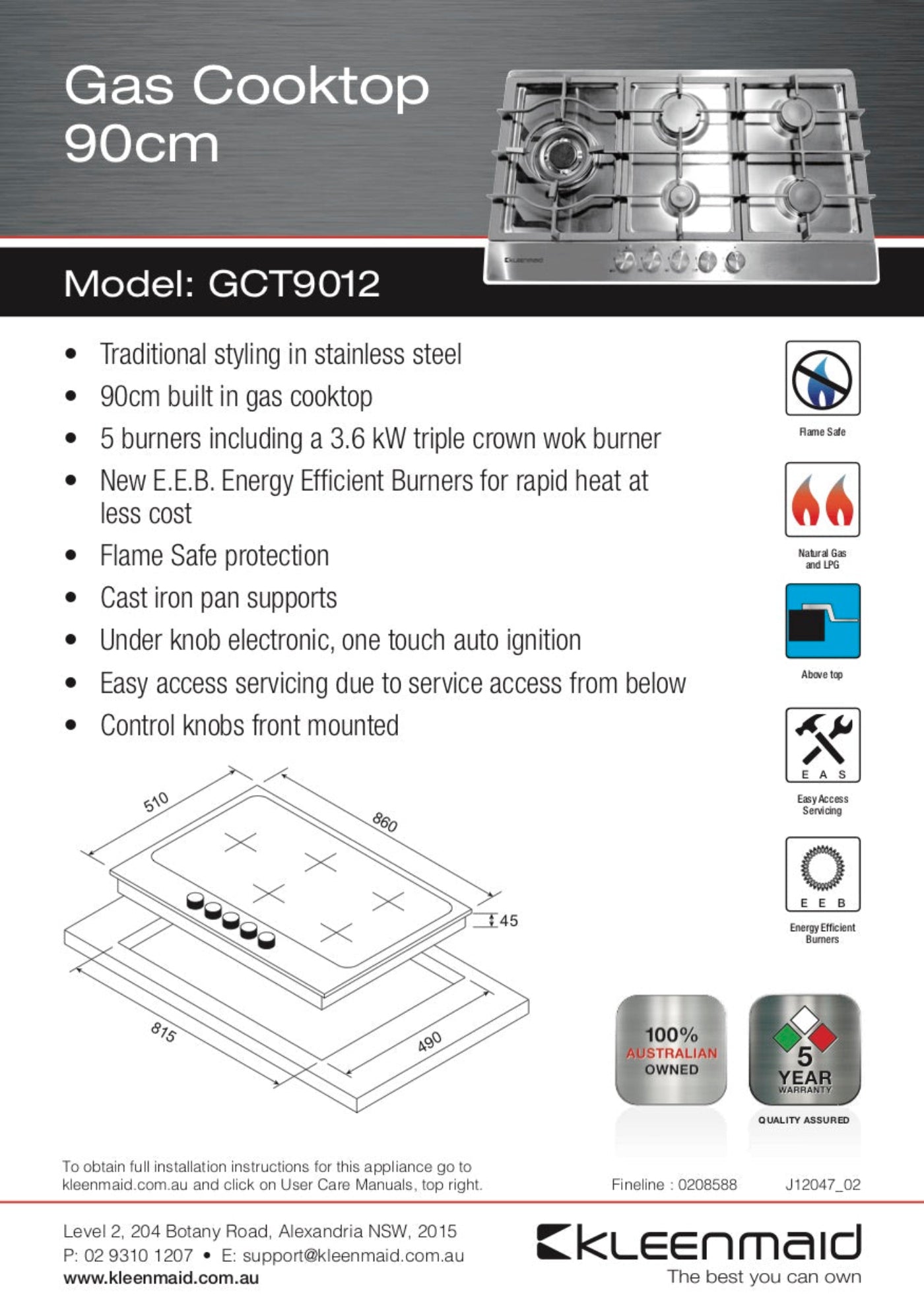 Kleenmaid 90cm Gas Cooktop - GCT9012
