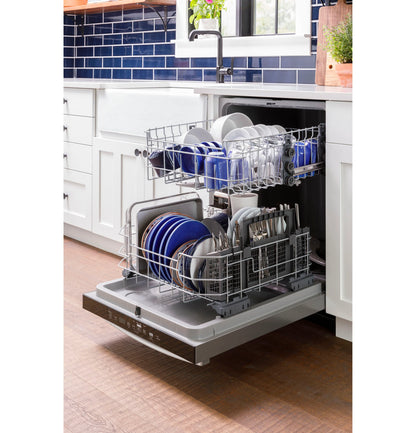 GE Appliances  Front Control with Plastic Interior Dishwasher with Sanitize Cycle & Dry Boost Stainless Steel - GDF550PSRSS