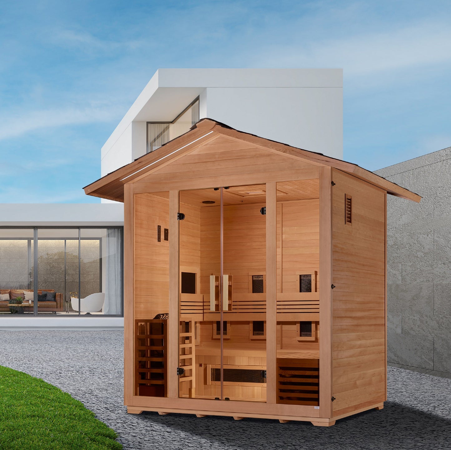 Golden Designs "Gargellen" 5 Person Hybrid (PureTech  Full Spectrum IR or Traditional Stove) Outdoor Sauna  - GDI-8125-01