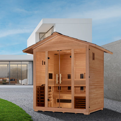 Golden Designs "Gargellen" 5 Person Hybrid (PureTech  Full Spectrum IR or Traditional Stove) Outdoor Sauna  - GDI-8125-01