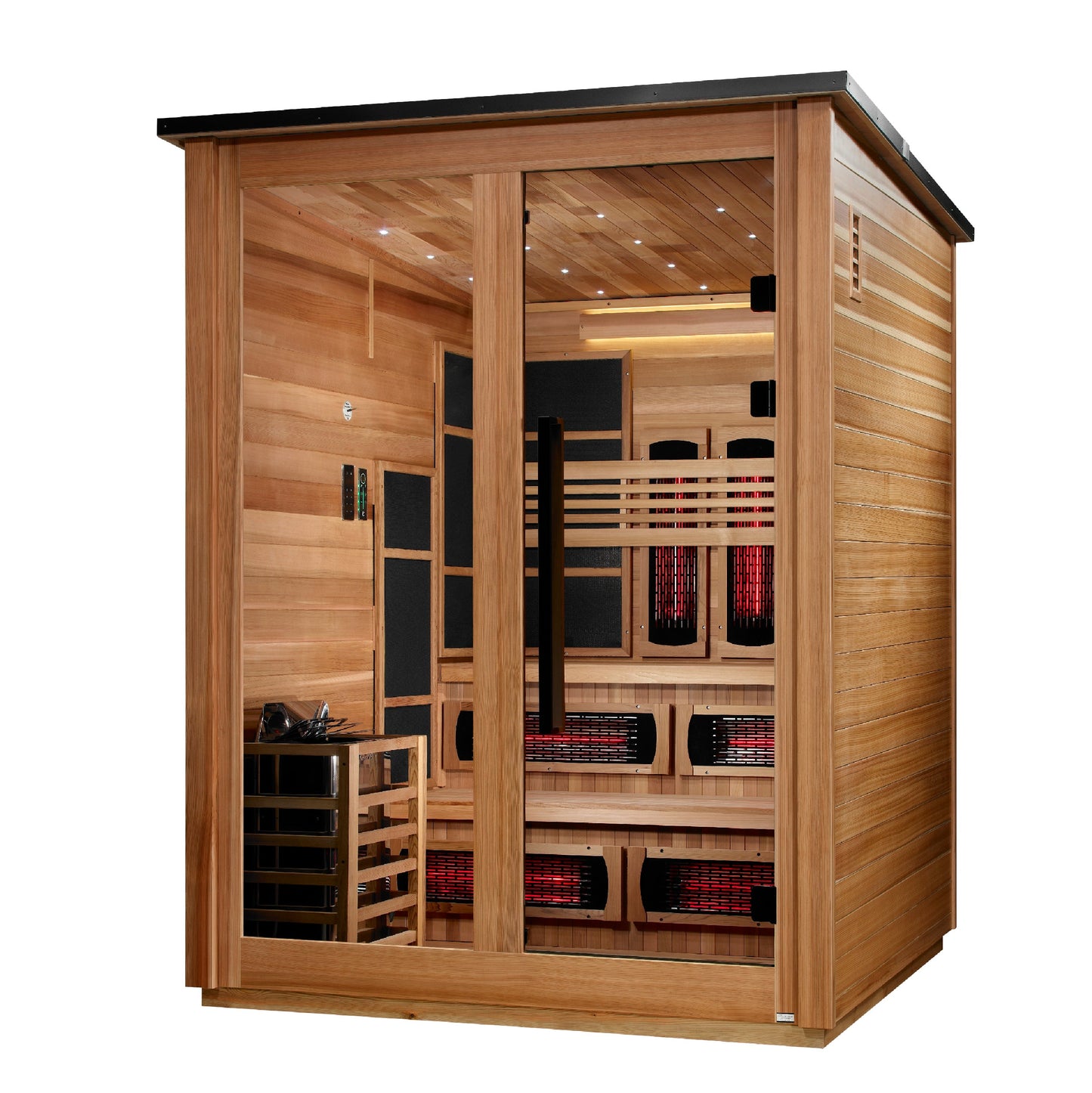 Golden Designs "Kaskinen" 6 Person, Pacific Cedar Barn Hybrid (PureTech Full Spectrum IR or Traditional Stove) Outdoor Sauna - GDI-8526-02