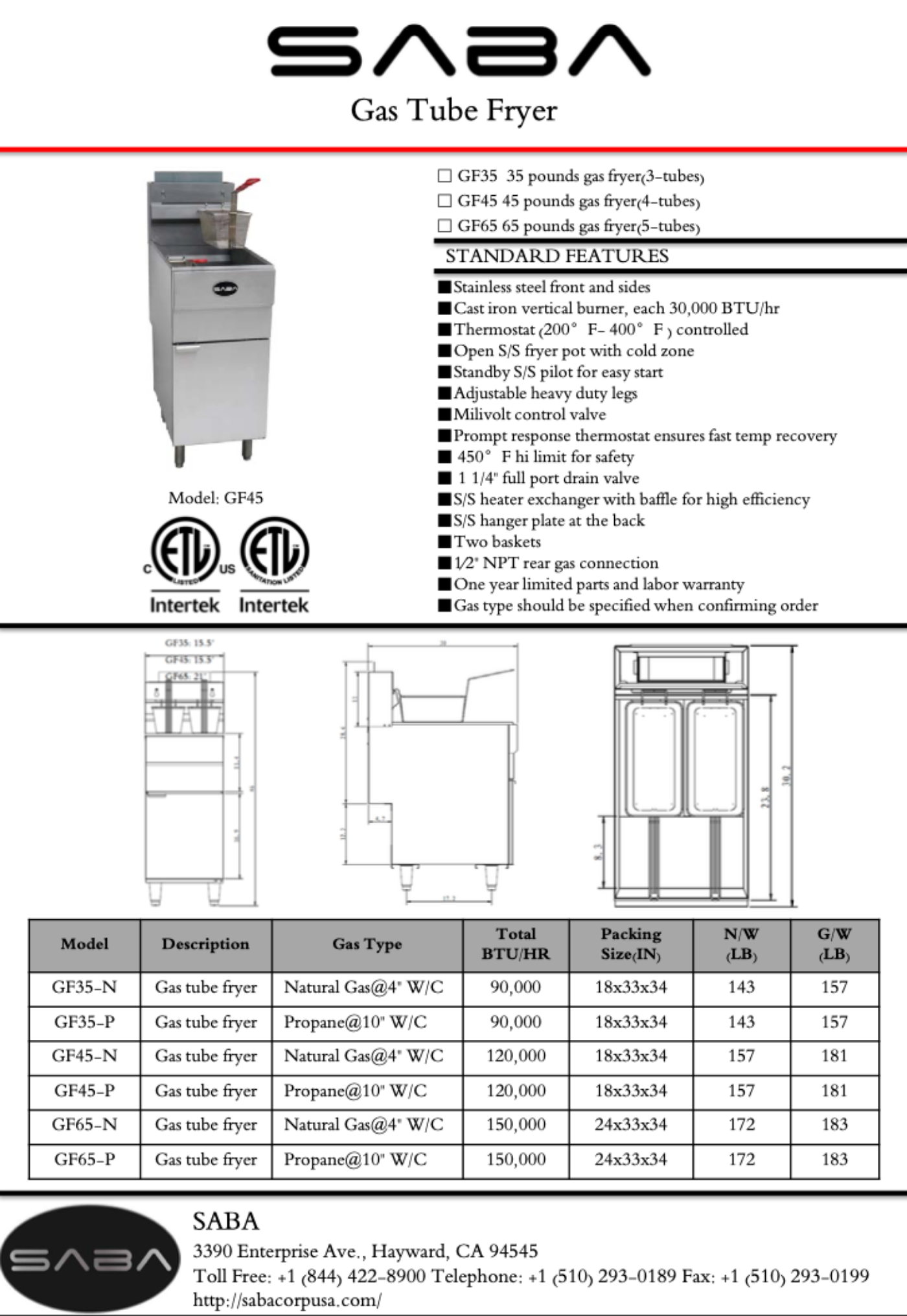 SABA Commercial Gas Fryer (Natural Gas) - GF45-N