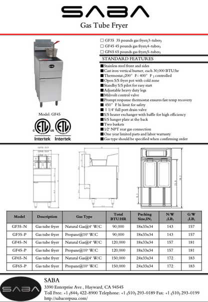 SABA Commercial Gas Fryer (Natural Gas) - GF45-N
