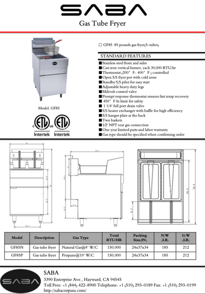 SABA  Commercial Gas Fryer (Natural Gas)2,076.80  - GF85-N