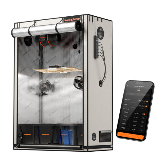 Smart Hydroponic DWC Grow Tent Kit – 4-Bucket System with New SF2000 200W LED, 4” Inline Fan, 2 Clip Fans, GGS Power Strip, WiFi-Integrated Controls for Automated Lighting, Ventilation &amp; Circulation, and Environmental Sensors