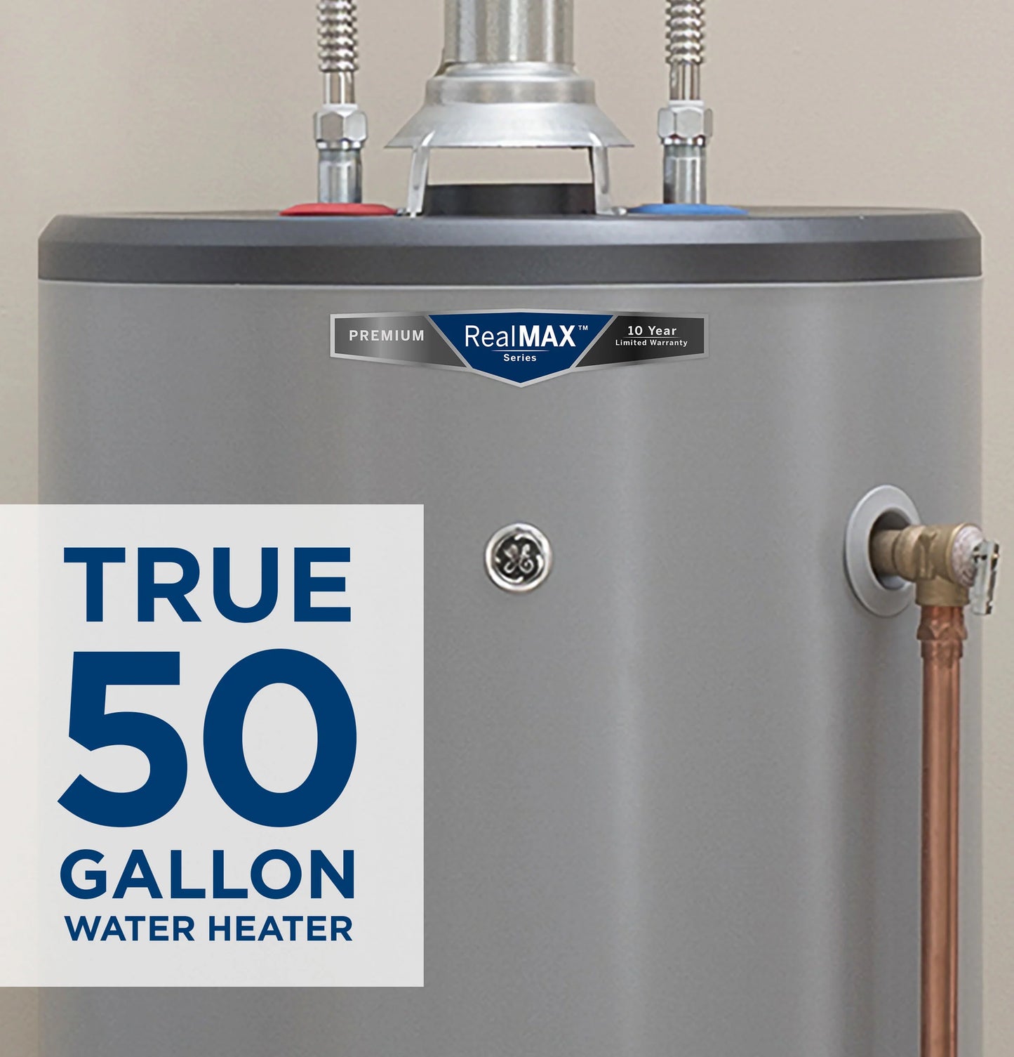 GE GP50T10BXR RealMAX Premium 50-Gallon Tall Liquid Propane Atmospheric Water Heater Gray