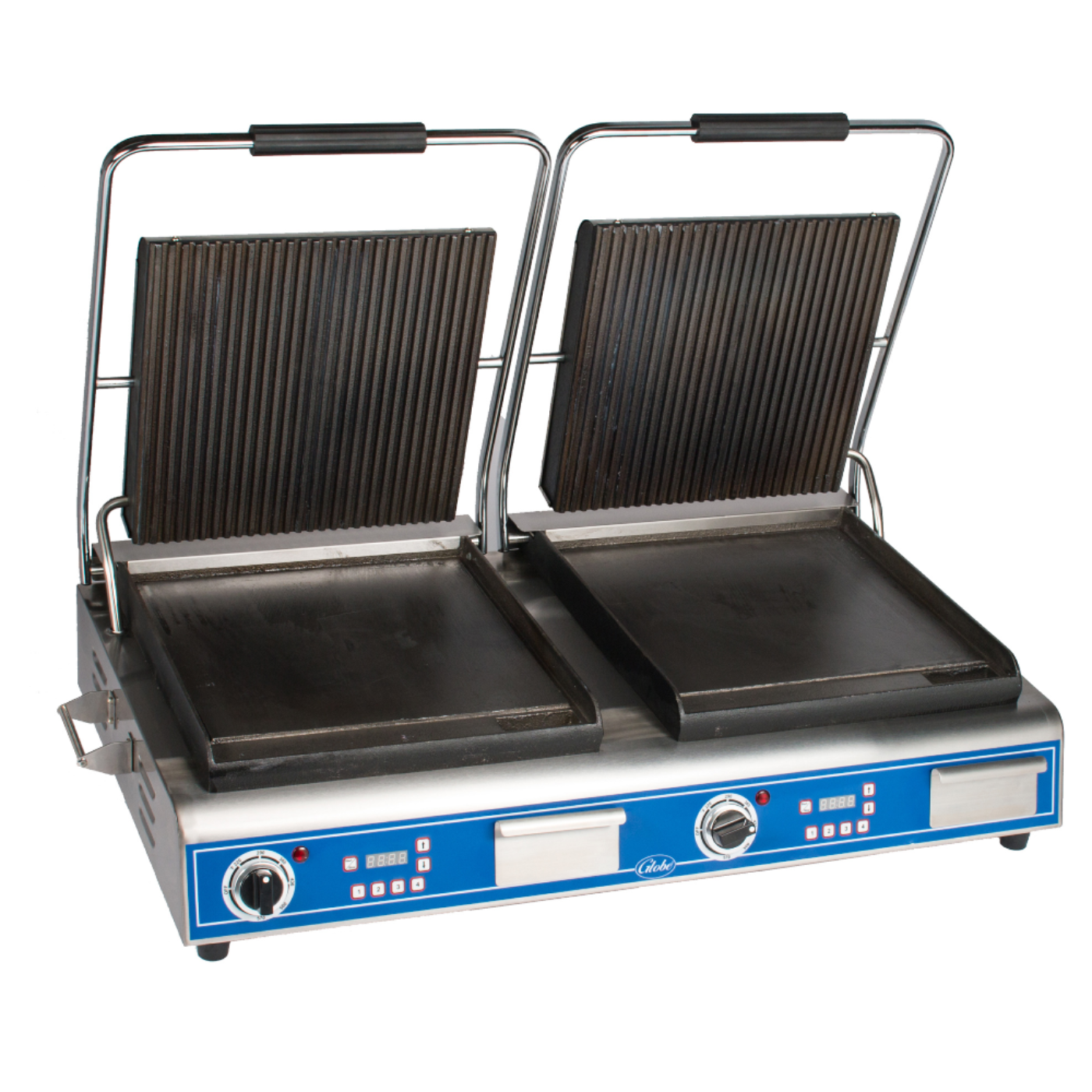 Globe Double Countertop Sandwich / Panini Grill with Grooved Top and Smooth Bottom Plates - GLGPGSDUE14D