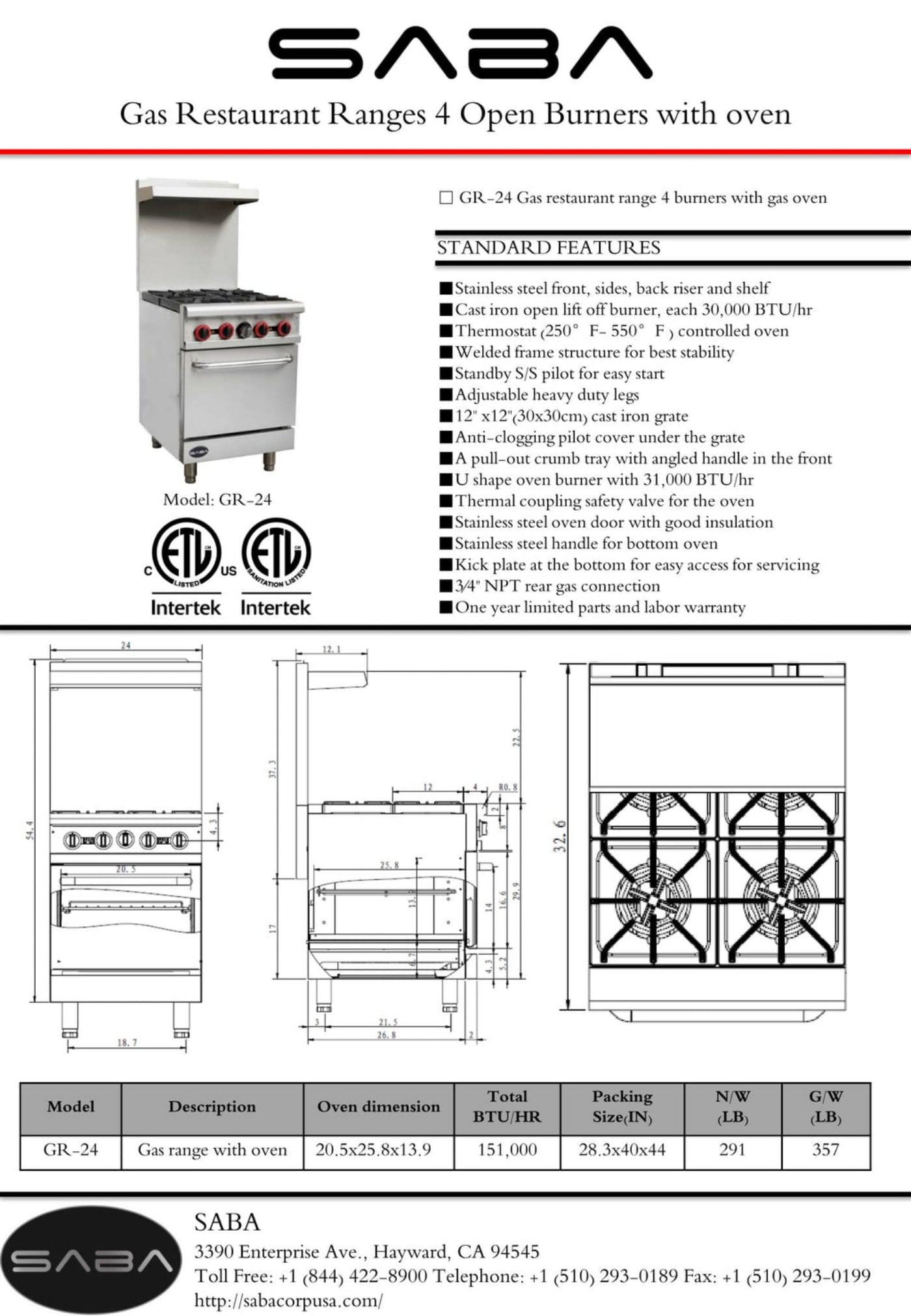 SABA - Commercial Gas 4 Burner with Oven - GR-24