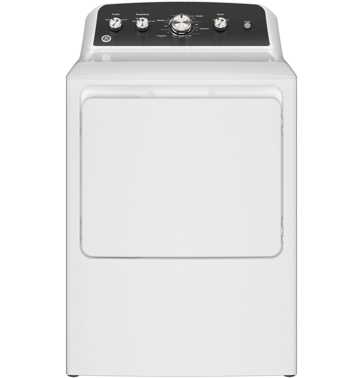 GE Appliances 7.2 cu. ft. Capacity Electric Dryer with Up To 120 ft. Venting and Extended Tumble White with Matte Black Backsplash - GTD48EASWWB
