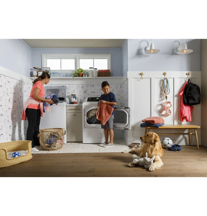 GE Appliances  7.4 cu. ft. Capacity Electric Dryer with Up To 120 ft. Venting and Sensor Dry White with Matte Black Backsplash - GTD58EBSVWS
