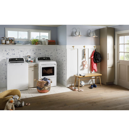 GE Appliances  7.4 cu. ft. Capacity Gas Dryer with Up To 120 ft. Venting and Sensor Dry White with Matte Black Backsplash - GTD58GBSVWS