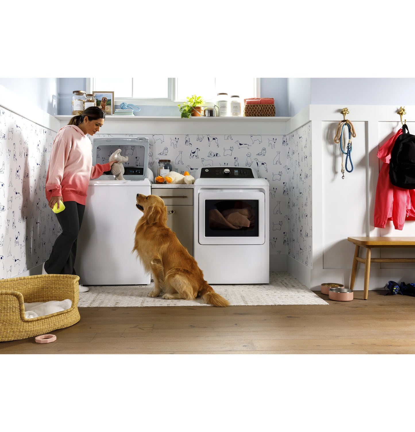 GE Appliances  7.4 cu. ft. Capacity Gas Dryer with Up To 120 ft. Venting and Sensor Dry White with Matte Black Backsplash - GTD58GBSVWS