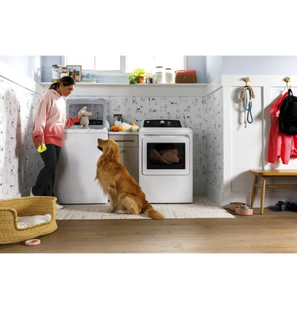 GE Appliances  7.4 cu. ft. Capacity Gas Dryer with Up To 120 ft. Venting and Sensor Dry White with Matte Black Backsplash - GTD58GBSVWS