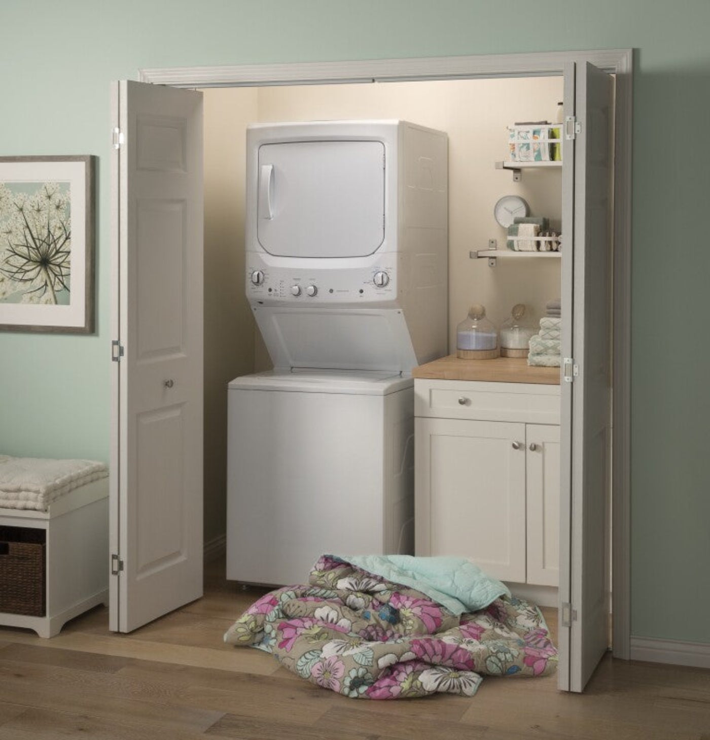 GE Appliances  Unitized Spacemaker 3.8 cu. ft. Capacity Washer with Stainless Steel Basket and 5.9 cu. ft. Capacity Electric Dryer White on White - GUD27ESSMWW
