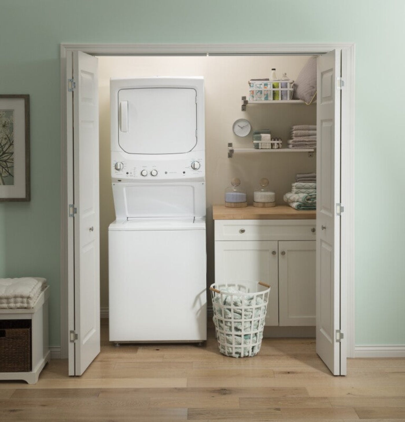GE Appliances  Unitized Spacemaker 3.8 cu. ft. Capacity Washer with Stainless Steel Basket and 5.9 cu. ft. Capacity Electric Dryer White on White - GUD27ESSMWW