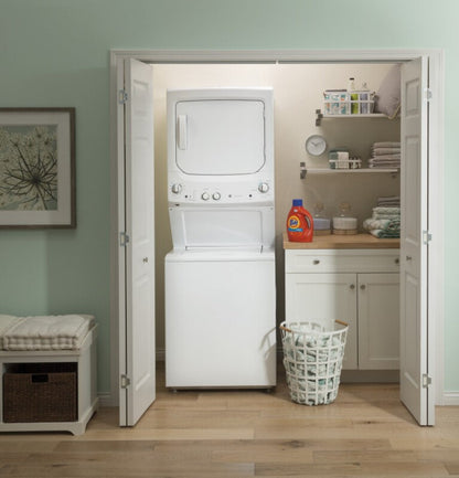 GE Appliances Unitized Spacemaker 3.8 cu. ft. Capacity Washer with Stainless Steel Basket and 5.9 cu. ft. Capacity Gas Dryer White on White - GUD27GSSMWW