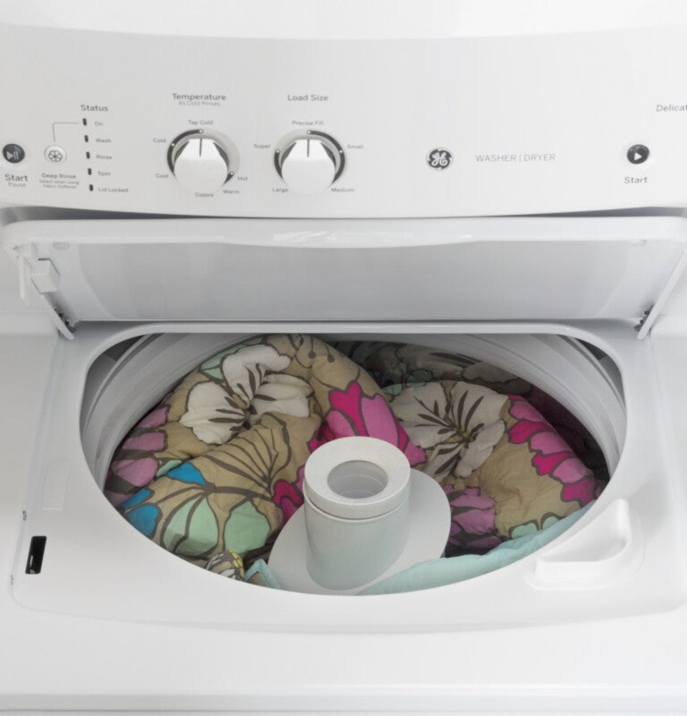 GE Appliances Unitized Spacemaker 3.8 cu. ft. Capacity Washer with Stainless Steel Basket and 5.9 cu. ft. Capacity Long Vent Electric Dryer White on White - GUV27ESSMWW