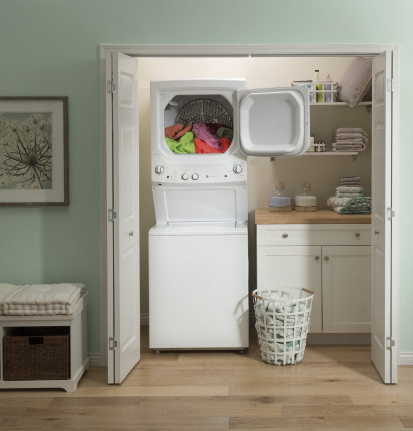 GE Appliances Unitized Spacemaker 3.8 cu. ft. Capacity Washer with Stainless Steel Basket and 5.9 cu. ft. Capacity Long Vent Electric Dryer White on White - GUV27ESSMWW