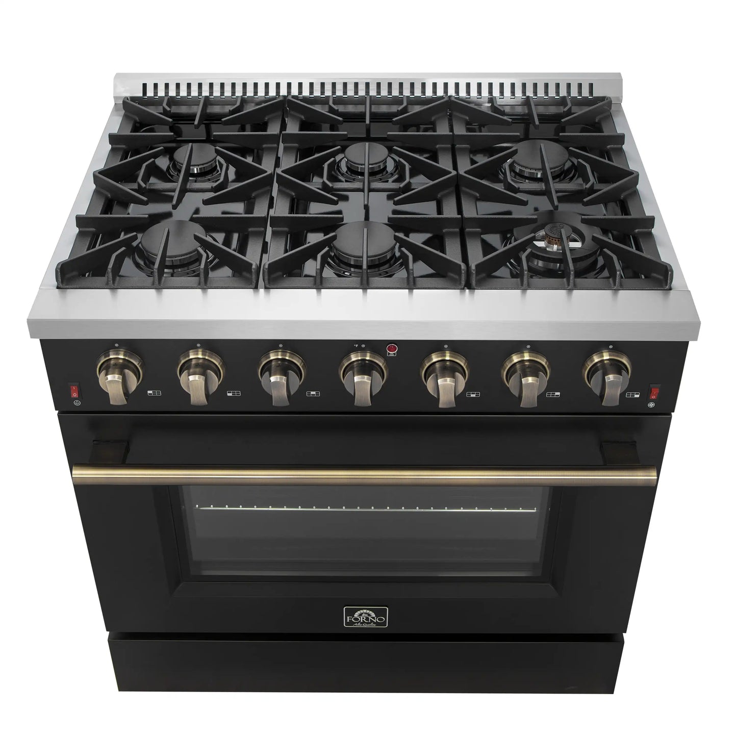 Forno 4-Piece Appliance Package - 36-Inch Gas Range, 60-Inch Convertible Refrigerator with Modern Trim, Dishwasher, and 24-Inch Microwave Oven in Black with Antique Brass Handle - AP4-6244-36BLK-MWO24-60MG
