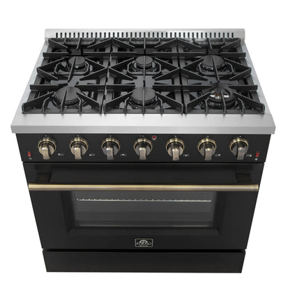 Forno 5-Piece Appliance Package - 36-Inch Gas Range, Wall Mount Range Hood, 60-Inch Convertible Refrigerator with Modern Trim, Dishwasher, and 24-Inch Microwave Drawer in Black with Antique Brass Handle - AP5-6244-36BLK-MWD24-60MG