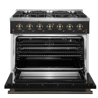 Forno 4-Piece Appliance Package - 36-Inch Gas Range, Wall Mount Range Hood, 60-Inch Convertible Refrigerator with Modern Trim, and Dishwasher in Black with Antique Brass Handle - AP4-6244-36BLK-60MG