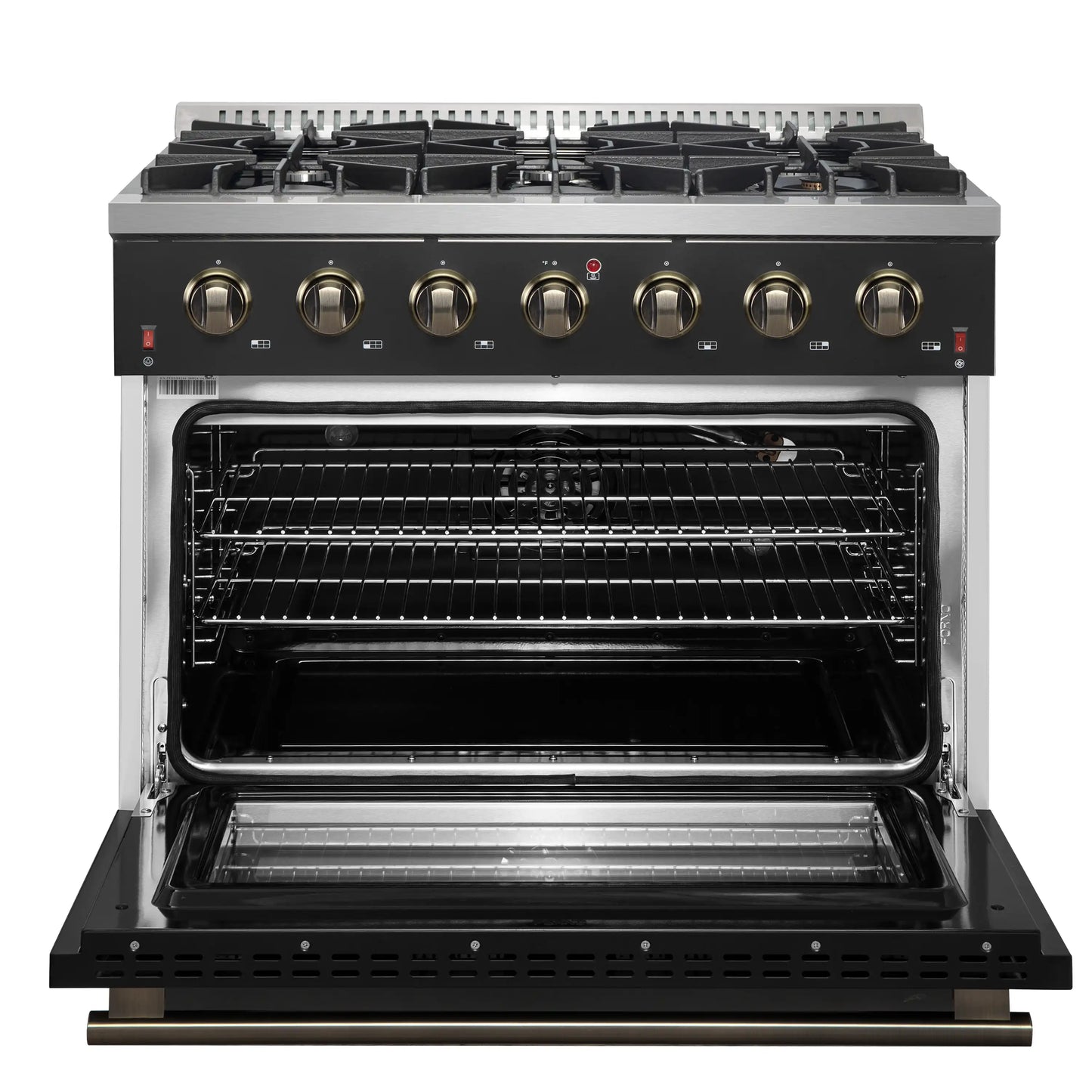 Forno 4-Piece Appliance Package - 36-Inch Gas Range, 60-Inch Convertible Refrigerator with Modern Trim, Dishwasher, and 30-Inch Microwave Drawer in Black with Antique Brass Handle - AP4-6244-36BLK-MWD30-60MG