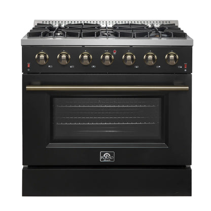 Forno 5-Piece Appliance Package - 36-Inch Gas Range, Wall Mount Range Hood, 36-Inch Refrigerator, Dishwasher, and 30-Inch Microwave Drawer in Black with Antique Brass Handle - AP5-6244-36BLK-5095-MD30