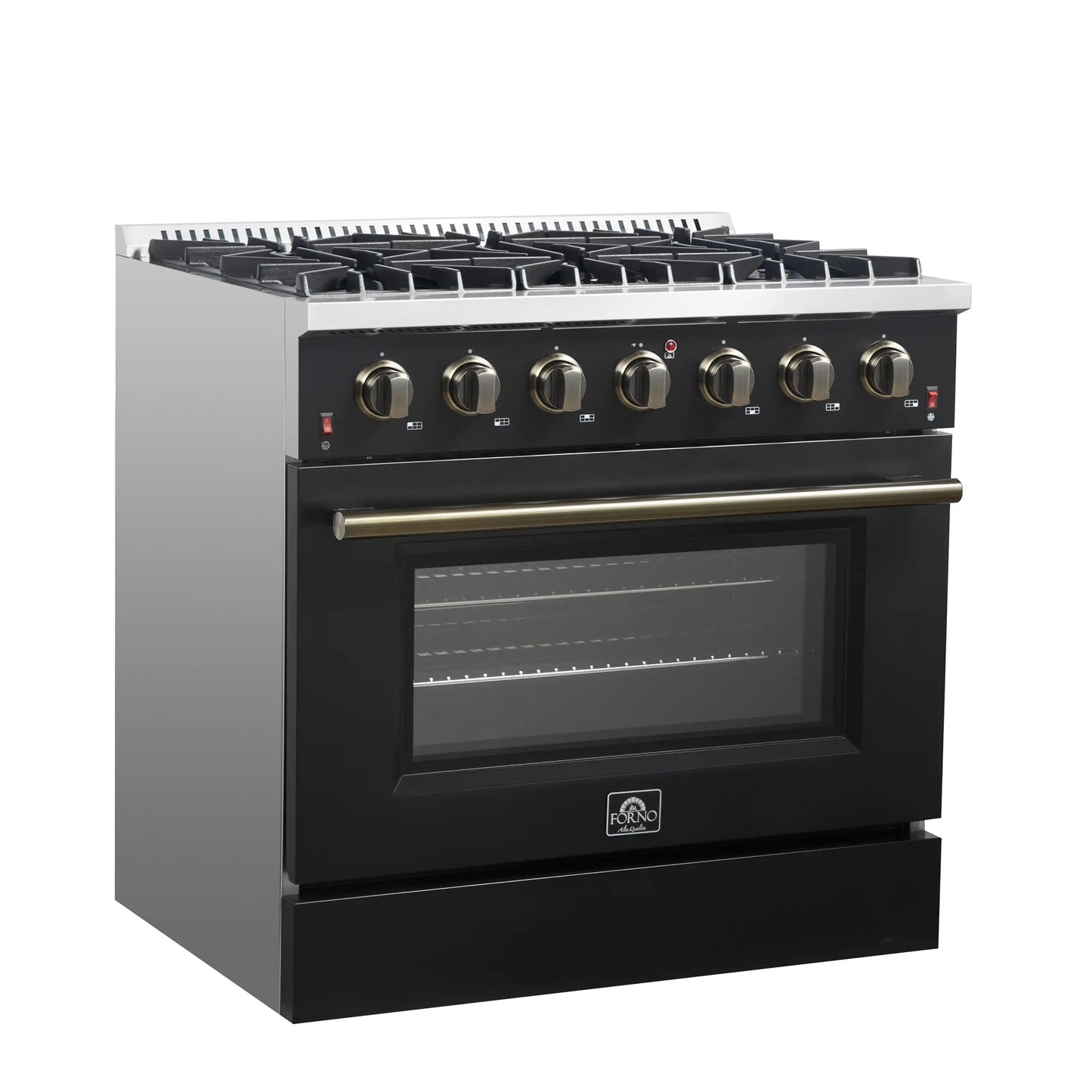 Forno 4-Piece Appliance Package - 36-Inch Gas Range, 60-Inch Convertible Refrigerator with Modern Trim, Dishwasher, and 30-Inch Microwave Drawer in Black with Antique Brass Handle - AP4-6244-36BLK-MWD30-60MG