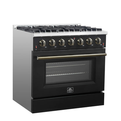 Forno 5-Piece Appliance Package - 36-Inch Gas Range, Wall Mount Range Hood, 36-Inch Refrigerator, Dishwasher, and 24-Inch Microwave Drawer in Black with Antique Brass Handle - AP5-6244-36BLK-5095-MD24