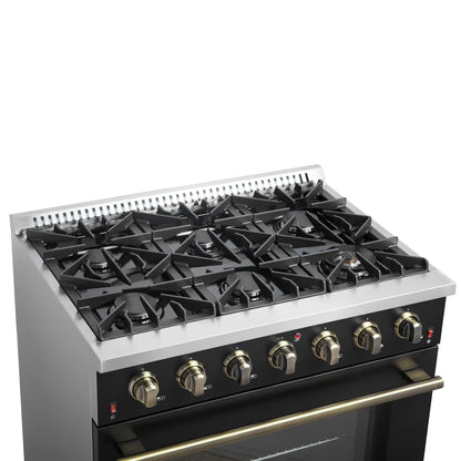 Forno 4-Piece Appliance Package - 36-Inch Gas Range, Wall Mount Range Hood, 60-Inch Convertible Refrigerator with Modern Trim, and Dishwasher in Black with Antique Brass Handle - AP4-6244-36BLK-60MG