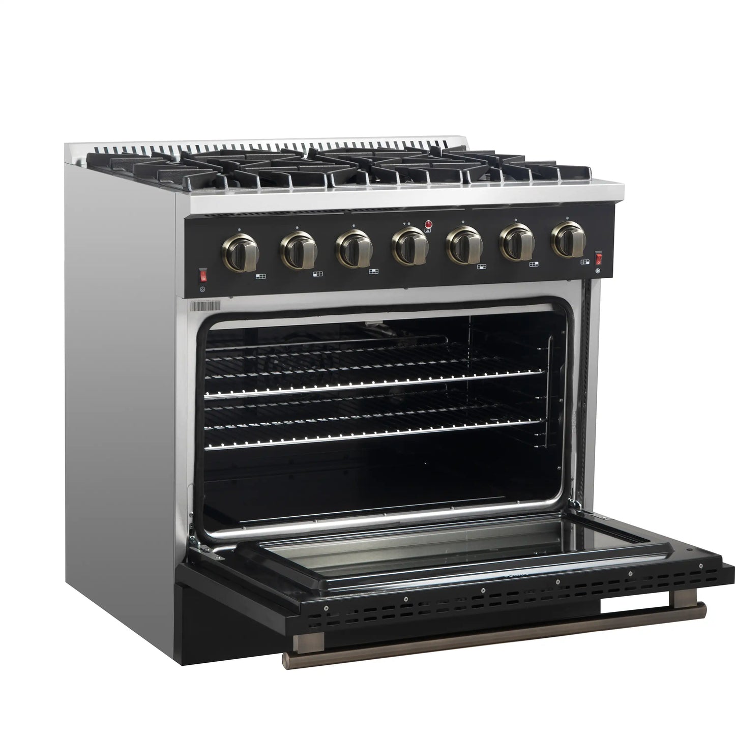 Forno 4-Piece Appliance Package - 36-Inch Gas Range, 60-Inch Convertible Refrigerator with Modern Trim, Dishwasher, and 30-Inch Microwave Drawer in Black with Antique Brass Handle - AP4-6244-36BLK-MWD30-60MG