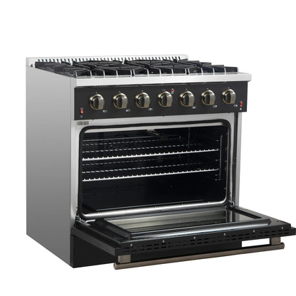 Forno 4-Piece Appliance Package - 36-Inch Gas Range, Wall Mount Range Hood, 60-Inch Convertible Refrigerator with Modern Trim, and Dishwasher in Black with Antique Brass Handle - AP4-6244-36BLK-60MG