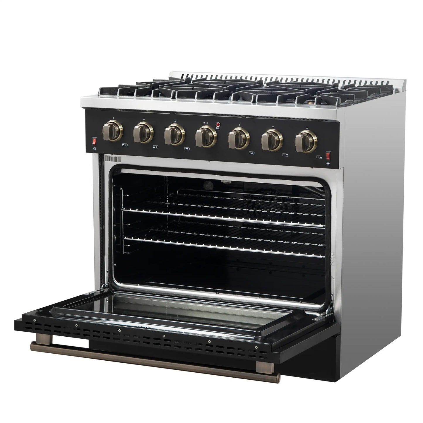 Forno 4-Piece Appliance Package - 36-Inch Gas Range, Wall Mount Range Hood, 60-Inch Convertible Refrigerator with Modern Trim, and Dishwasher in Black with Antique Brass Handle - AP4-6244-36BLK-60MG