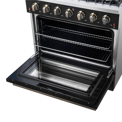 Forno 5-Piece Appliance Package - 36-Inch Gas Range, Wall Mount Range Hood, 60-Inch Convertible Refrigerator with Modern Trim, Dishwasher, and 30-Inch Microwave Drawer in Black with Antique Brass Handle - AP5-6244-36BLK-MWD30-60MG