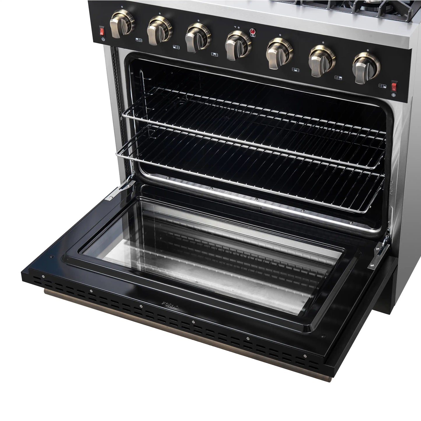 Forno 4-Piece Appliance Package - 36-Inch Gas Range, 60-Inch Convertible Refrigerator with Modern Trim, Dishwasher, and 30-Inch Microwave Drawer in Black with Antique Brass Handle - AP4-6244-36BLK-MWD30-60MG