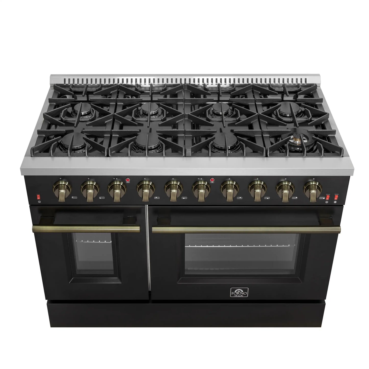 Forno 5-Piece Appliance Package - 48-Inch Gas Range, 60-Inch Convertible Refrigerator with Modern Trim, Dishwasher, and 30-Inch Microwave Drawer in Black with Antique Brass Handle - AP5-6244-48BLK-MWD30-60MG