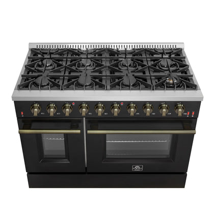 Forno 5-Piece Appliance Package - 48-Inch Gas Range, 60-Inch Convertible Refrigerator with Modern Trim, Dishwasher, and 30-Inch Microwave Drawer in Black with Antique Brass Handle - AP5-6244-48BLK-MWD30-60MG