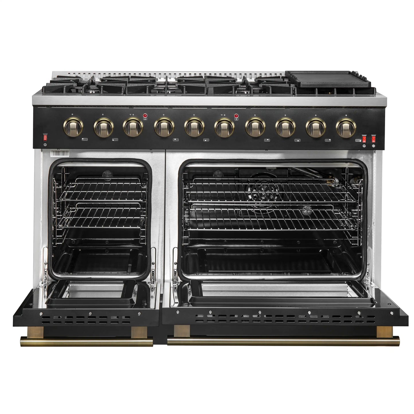 Forno 5-Piece Appliance Package - 48-Inch Gas Range, Wall Mount Range Hood, 60-Inch Refrigerator, Dishwasher, and 30-Inch Microwave Drawer in Black with Antique Brass Handle - AP5-6244-48BLK-5095-60MG-MD30