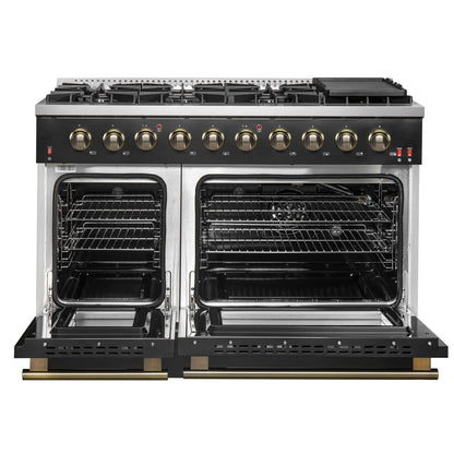 Forno 5-Piece Appliance Package - 48-Inch Gas Range, Wall Mount Range Hood, 36-Inch Refrigerator, Dishwasher, and 24-Inch Microwave Drawer in Black with Antique Brass Handle - AP5-6244-48BLK-5095-MD24