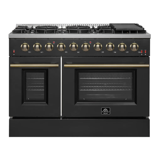 Forno Galiano 48-Inch Gas Range with 8 Burners and  6.58 Cu.Ft. Double Convection Oven in Black with Antique Brass Trim  - FFSGS6244-48BLK